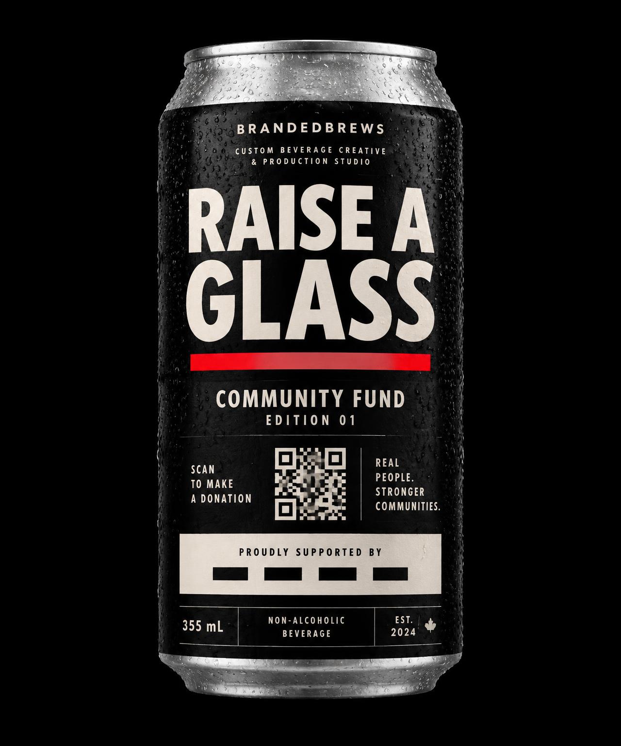 Raise a Glass custom charity fundraiser beverage can with donation QR code
